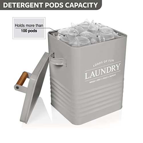 Calindiana Modern Farmhouse Metal Laundry Soap Dispenser Container Holder with Scoop for Laundry Room Decor and Space Saving Laundry Room Organization and Storage, Laundry Powder Container, Grey - color: GREY