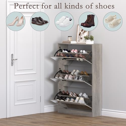 BORNOON Shoe Cabinet with 3-Flip Mirror Drawers, Freestanding Shoe Rack Organizer with Hidden Handle, Slim Narrow Shoe Storage Cabinet for Entryway, Entrance, Hallway, Bedroom - color: Grey, size: 3-Drawer with Mirror