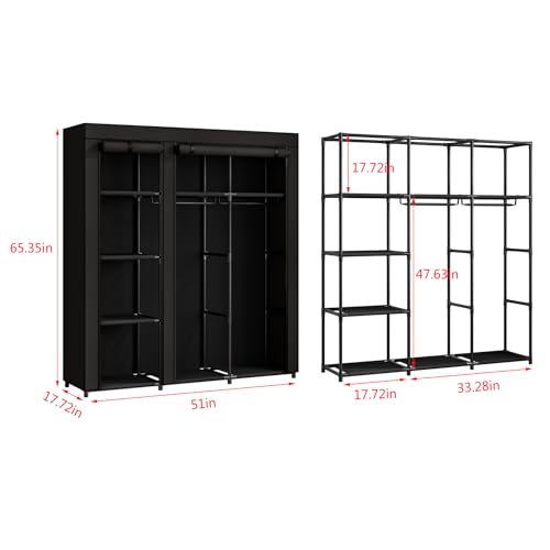 SORCEDAS Portable Wardrobe Closet Storage Organizer Metal Hanging Rack Non-Woven Fabric (Black, 51 Inch) - color: Black, size: 51 Inch