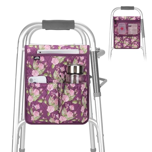 supregear Walker Bag, Universal Seniors Caddy Organizer with Multiple Pockets, Lightweight Accessories for Elderly, Rollators, Wheelchairs and Bedside Rails, Easy to Use Storage Pouch, Floral Purple - color: Floral Purple