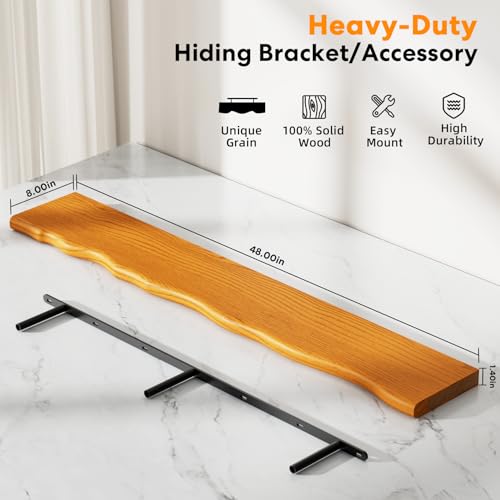 Floating Shelves for Wall Rustic Farmhouse 48 Inch Floating Shelf Bathroom Wooden Shelves for Wall Mounted Live Edge Pine Shelf with Unique Natural Grain for Living Room Bedroom Kitchen (Honey Walnut) - color: Honey Walnut, size: 48 inch - 2pcs