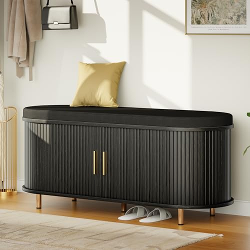 DHH 2-Tier Storage Bench,Wide Shoe Bench with Thickened Padded Seat Cushion, Mid Century Modern Fluted Sliding Door and Adjustable Shelf, for Entryway, Living Room, Bedroom (Black, 43.3“) - color: Black, size: 43.3 inch