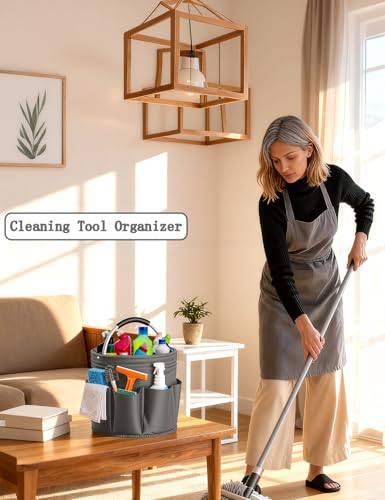 Cleaning Caddy with Handle, Cleaning Products Organiser, Foldable Storage Basket, Large Supply Organiser 17L with 6 Pockets, Portable Cleaning Caddy for Home & Garden (Dark Grey) - color: Dark Grey