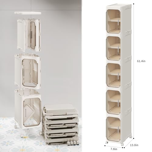 LXLXXL 5-Tier Narrow Storage Cabinet Slim Bathroom Storage Cabinet with Movable Wheels Tall Bathroom Organizer Skinny Cabinet for Small Spaces，Beige - color: Beige, size: 5-Tier