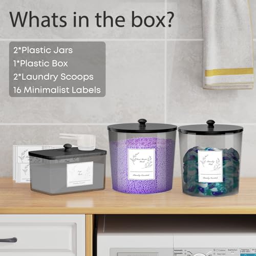 COAZEX 3 Pack Laundry Powder Container & Dryer Sheet Holder, Plastic Laundry Room Organization and Storage Jars with Lids, Labels & Scoops for Powder, Detergent, Scent Booster (Black) - color: C-Black(Black Lid)