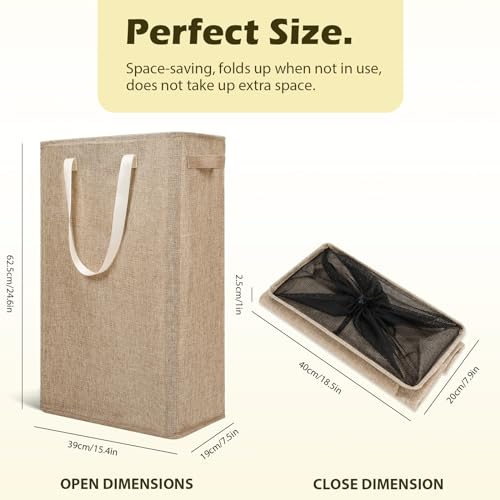 Odonata Slim Laundry Hamper Handles Collapsible Laundry Basket Thin Dirty Clothes Basket Narrow Laundry Bag Foldable Dirty Hamper 45L (Light Khaki) - color: Light Khaki