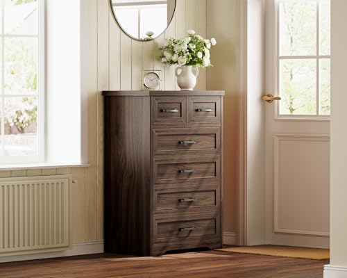 AODK Farmhouse Tall 6 Drawer Dresser for Bedroom, 5-Tier Vertical Storage Chest with Mixed Drawers, Engineered Wood Frame with Anti-Tip Safety, American Country Furniture, Walnut - color: Walnut, size: 15.7"D x 26"W x 38.2"H (6 Drawers)