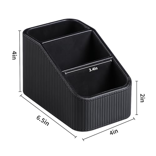 Remote Control Holder, PU Leather Nightstand Organizer Bedside Caddy with 3 Compartments, Small Desk Organizer for Remote/Pen/Glasses/Phone (Black) - color: Black