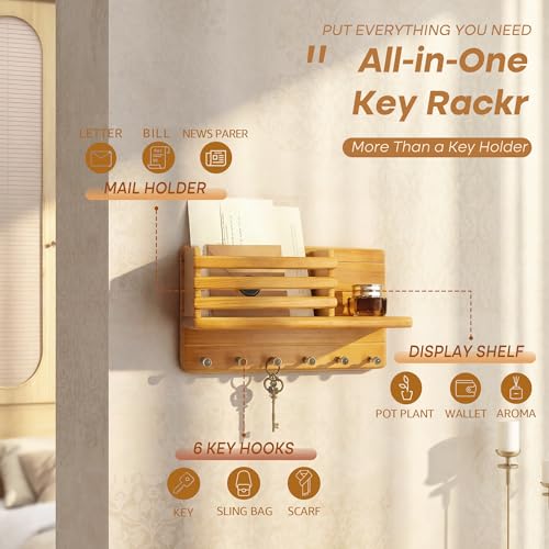 Rebee Vision Farmhouse Pine Wood Key Holder Wall Mount - Rustic Key Holder for Wall with Storage Shelf & 6 Hooks - Mail Holder for Kicthen, Living Room, Bedroom (Yellow) - color: Yellow