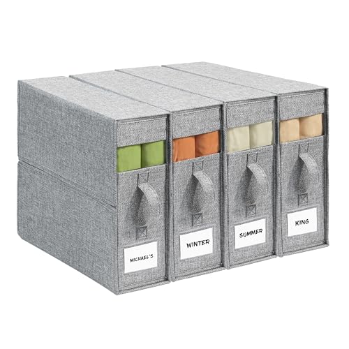 4Pack Sheet Organizers for Linen Closet - King/Queen Size Bedding Storage Boxes with Clear Window, Foldable & Dustproof Linen Organizer for Blankets & Sheet Sets,Grey - color: Grey, size: 4 Pack