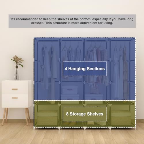MOGELAFOO Portable Closet Wardrobe, 67-Inch Clothes Organizer with 4 Hanging Rods and 8 Shelves, Non-Woven Fabric Cover, Large Capacity Storage for Bedroom and Living Room, Grey - color: Grey, size: 67"W x 18"D x 66"H