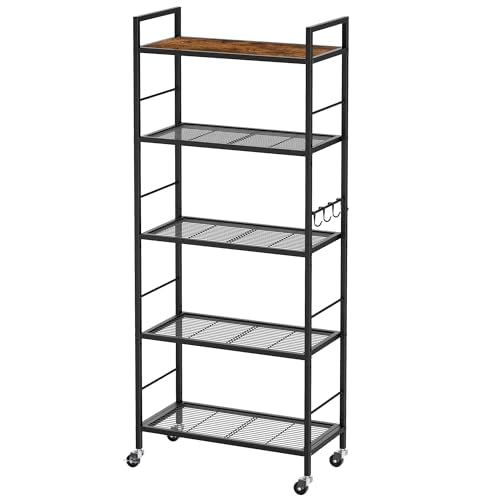 5-Tier Metal Storage Rack with Industrial Wheels,Mesh Shelving Unit with Wooden Table top,Adjustable Shelf,23.6-Inch Width,for Kitchen, Laundry,Pantry,Plant,Black - color: Brown Panel, size: 5 Tier (23.6"W x 11.8"D)