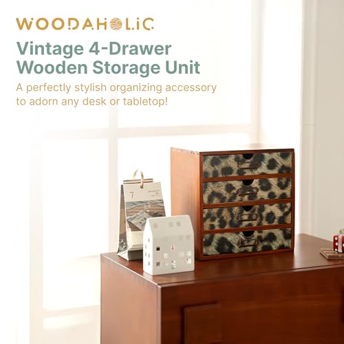 Classic Leopard Print Wooden Desk Organizer - 4-Drawer Desktop Storage - Rustic Wood Cabinet for Office Supplies, Craft Tools, & Home Organization - Luxurious Drawer Unit - color: Animal Leopard