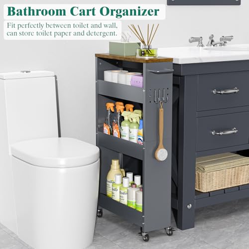 XYZLVSI Slim Storage Cart, 4 Tier Rolling Kitchen Cart on Wheels for Small Space, Narrow Laundry Bathroom Organizers Mobile Shelving Unit Metal Utility Cart with Handle, 5.9in Width, Gray - size: 5.9IN-Gray