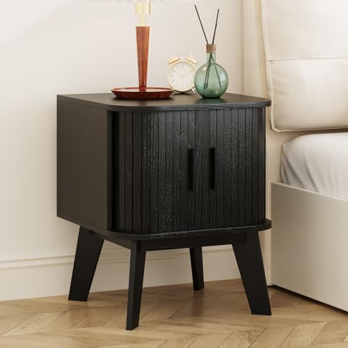 Fluted Nightstand with Sliding Tambour Doors, Curved Edge Wood Bedside Table for Bedroom, Side Tables with Storage for Living Room (1, Square - Black) - color: Square - Black