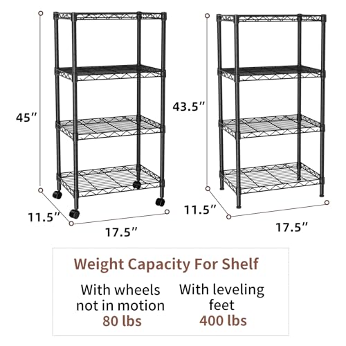 SINGAYE 4 Small Shelves Storage Shelf Wire Shelving Unit Metal Shelf Adjustable Organizers Storage Shelving with Wheels for Bathroom Laundry Room Kitchen Pantry11.5”D x 17.5”W x 30.5”H Black - color: Black, size: 4Tier/11.5"D X 17.5"W X 45"H