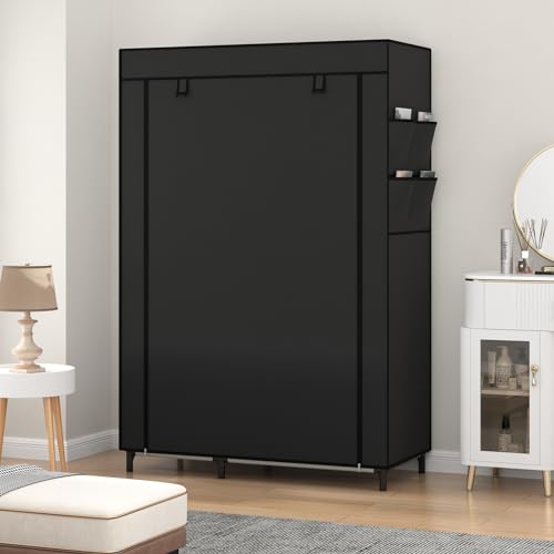 Calmootey Portable Closet Organizers, Clothing Storage, Wardrobe with 6 Shelves and Hanging Rod, Non-Woven Fabric Cover with 4 Side Pockets, Black - color: Black