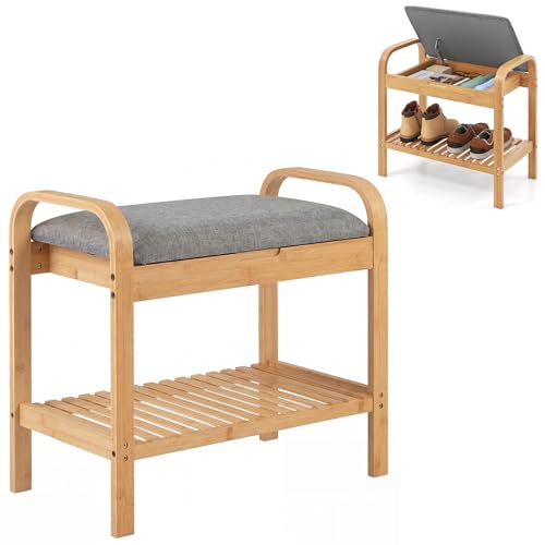 Giantex Small Entryway Bench with Storage, 2-Tier Bamboo Shoe Rack Bench with Flip Top Storage Space and Padded Cushion, Shoe Organizer for Entryway, Living Room, Hallway, Bedroom,Natural - size: 13"D x 24"W x 22"H（With Flip-Top Storage）