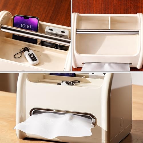 Tissue Box Cover Rectangular with Storage Tray, Multifunctional Facial Tissue Holder and Desk Organizer Napkin Holder - Phone Holder for Car Bathroom Office Living Room Bedroom - White - color: Cream White
