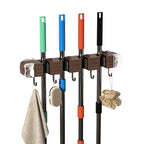 Suction Cup No Drilling Broom Holder Wall Mount, Walnut Color Mop Organizer Wall Hanging, 4 Racks 5 Hooks Tool Organizer Hanger Self Adhesive for Home, Garage, Garden, Laundry, Kitchen