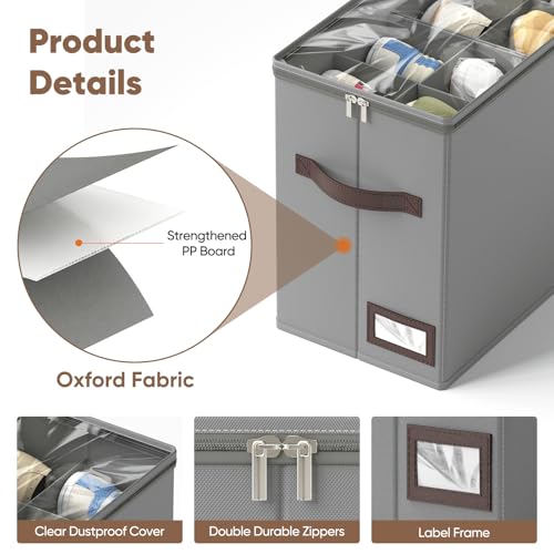 OIAHOMY 4 Pack Shoe Organizer for Closet, Foldable Shoe Storage Bins with Adjustable Dividers, Stackable Oxford Cloth Sneaker Boxes for Entryway Bedroom, Fits Up to 32 Pairs, Grey - color: Grey, size: 4 Pack