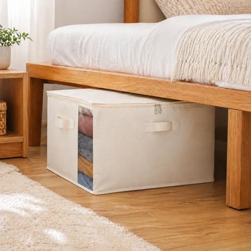 3-Pack Large Canvas Comforter Storage Bags for Clothes Sweater Clothes Organizer with Dual Zipper Three Carrying Handles for Blanket Closet Storage Container - color: Natural color, style: 3 Pack