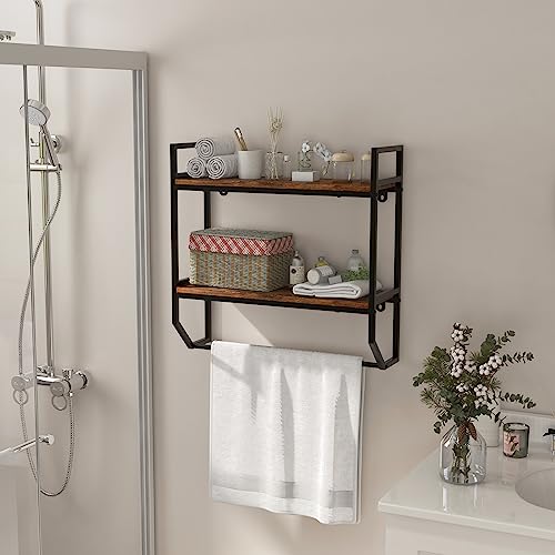 GOFLAME 2-Tier Industrial Bathroom Shelves with Towel Bar, Over the Toilet Shelf Wall Mounted with Metal Frame, Wall Storage Organizer Shelf for Bathroom, Living Room, Kitchen, Rustic Brown