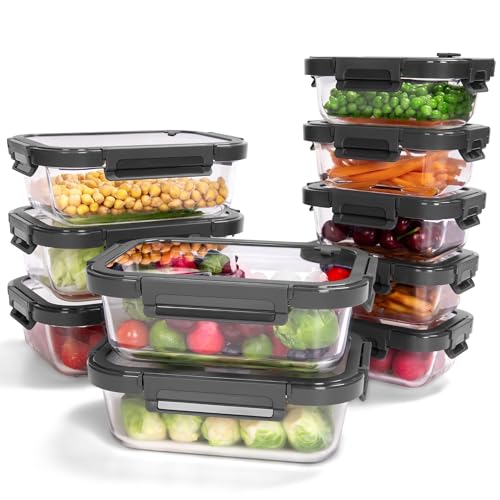 10-Pack Glass Food Storage Containers with Tempered Lids – Borosilicate, Airtight, Oven-Safe (-4°F~950°F), BPA-Free, 4.4 & 1.6 Cup, Leak-Proof, Dishwasher Safe (Gray) - color: Tempered Lids Gray, size: 4.4Cup*5 & 1.6 Cup*5