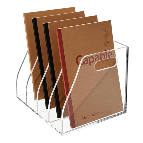 Acrylic File Folder Holder for Desk with Handles, 4-Slot Clear Desk Organizers and Accessories, Vertical Magazine File Sorter & Binder Holder, Desktop Book Organizer for Office, School & Home - size: 4 Sections, B5(With Handle)