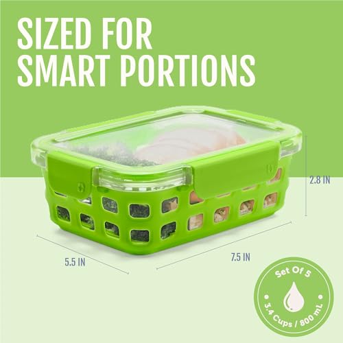 Ello Duraglass 3.4 Cup Meal Prep Sets 10Pc, 5 Pack Set- Glass Food Storage Container with Silicone Sleeve and Airtight BPA-Free Plastic Lids, Dishwasher, Microwave, and Freezer Safe, Fruit Salad - color: Fruit Salad, size: 3.4 Cup