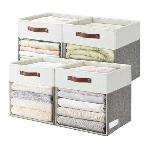 Bagnizer Storage Cubes, 4 Pack Linen Foldable Storage Bins (13 x 13 inch) with Clear Window and 2 Handles, Closet Organizers and Storage for Shelf Closet, Clothes, Books - (Gray and White) - color: Gray / Off-White, size: 13 x 13 x 13