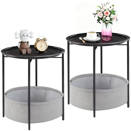 VECELO Round Side/End Table with Fabric Storage Basket，Metal Anti-Rust and Waterproof Small Bedside Nightstand with Removable Tray Top for Living Room，Balcony & Laundry，Black /2pcs with Basket - color: Black, size: 2 PCS with Basket