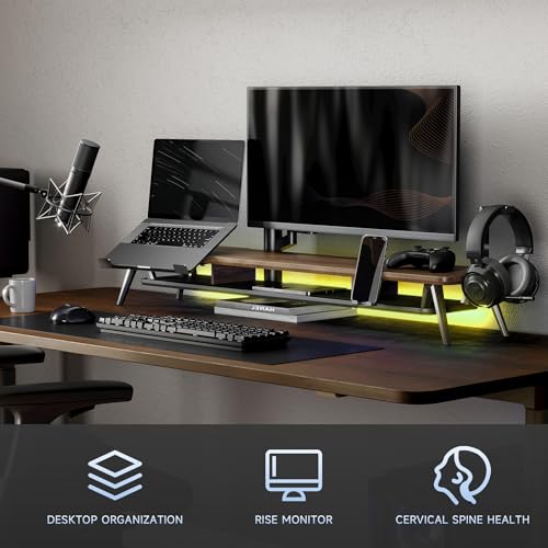 Fenge Dual Monitor Stand, Monitor Riser for 2 Monitors with Adjustable Laptop Riser , 42.5 Inch Desk Shelf for Top of Desk with Phone Holder& Headphone Stand - color: brown