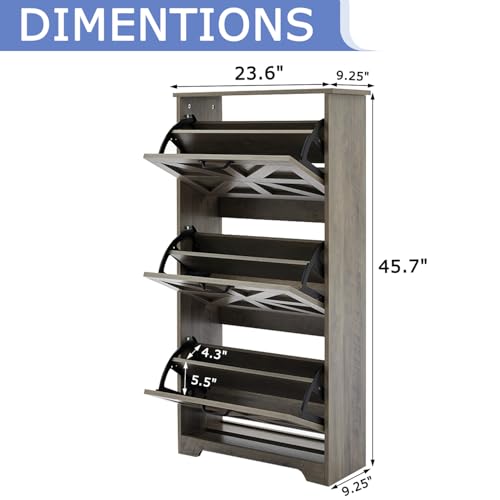 Shoe Storage Cabinet with 3 Flip Drawers, Farmhouse Shoe Organizer with Barn Door Design, Space-Saving Hidden Narrow Shoe Rack Cabinet for Entryway, Hallway & Foyer，Grey - color: Grey, size: 1 pcs-3 Flip Drawers