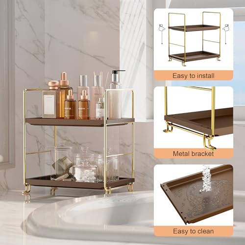 FSyueyun 2-Tier Bathroom Countertop Organizer,Bathroom Organizers and Storage with Tool-Less Installation, Premium Plastics for Makeup, Perfume, Skincare on Dresser Vanity Tray (Gold & Brown) - color: Gold & Brown
