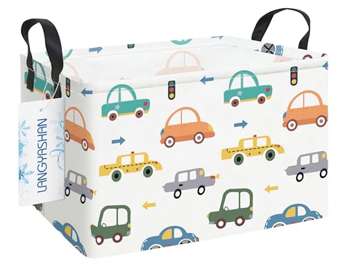 LANGYASHAN Rectangular Storage Bin Collapse Canvas Fabric Cartoon Storage Basket with Handles for Organizing Home Kitchen Boys and Girls Toys Office Closet Shelf Baskets(Rec Color Cars) - color: Rec Color Cars