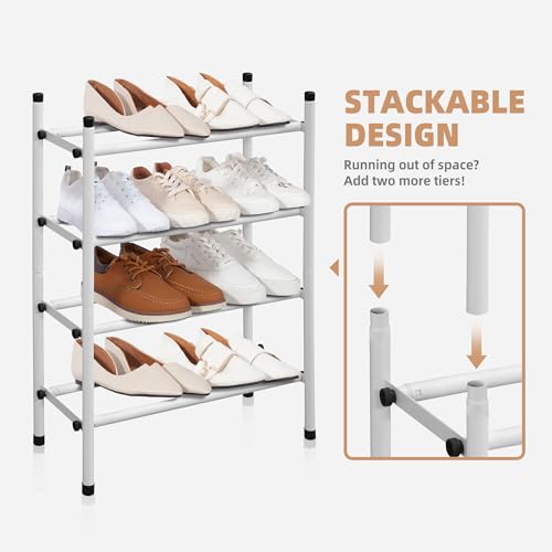 STORAGE MANIAC Expandable Shoe Rack, 16 Pairs Stackable Small Shoe Rack, Metal Adjustable Shoes Organizer for Closet, Entryway, Hallway, Garage, Front Door, Shoes Shelves, White 4 Tier - color: White, size: 4 Tier
