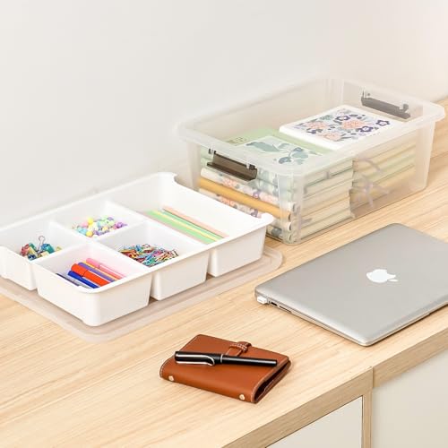 MACOPRO 17 QT Plastic Storage Box with Removable Tray, Bins with Lids, 2 Packs Clear Storage Container for Craft Supplies, Beads, Tools, Sewing, and Playdoh Organization(White, 2Pack-17QT) - size: 2Pack-17QT
