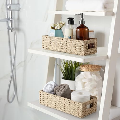 dreamkey Set of 2 Wicker Toilet Paper Storage Baskets, Hand-Woven Paper Rope Bathroom Organizer for Toilet Tank Top & Countertop, Decorative Nesting Baskets with Handles, Beige - style: Paper Rope
