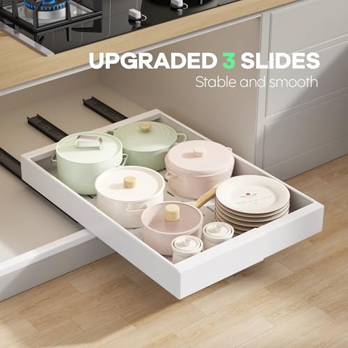 Seinloes 4 Pack Pull out Cabinet Organizer 21" Deep With Raising Pad for Framed Cabinets, Expandable (9"-14" W) Slide out Drawers for Kitchen Cabinets with 4pcs Divider Racks, Roll out Shelves, White - color: White, size: 9"-14"W x 21"D(4Pack)
