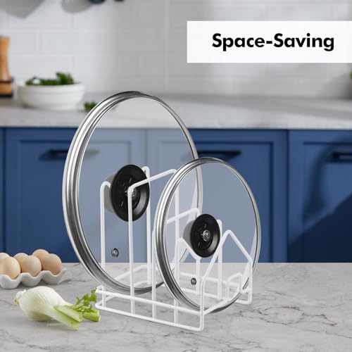 Poeland Kitchen Pot Lid Organizer, Pan Rack with 4 Compartments, Pantry Organizer Rack for Dinnerware, Bakeware, Cookware, Cutting Boards, Pan Lids (Small Size, White)