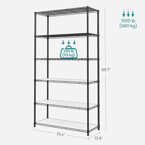SONGMICS 6-Tier Storage Shelves, Wire Shelving Unit, Kitchen Metal Shelves, Storage Rack with Adjustable Shelves, Shelf Liners, 8 Hooks, for Garage, 13.8 x 35.4 x 69.7 Inches, Black ULGR096B01 - color: Ink Black, size: 6 Tiers (13.8"D x 35.4"W), style: Wi
