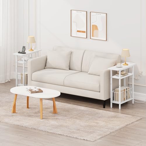 Vagusicc Narrow Side Table with Charging Station, Skinny Side End Table for Couch, 3-Tier Small End Tables for Small Spaces, 25.2" Tall Slim Nightstand Bedside Table for Living Room, Bedroom, White - color: White, style: With Plug