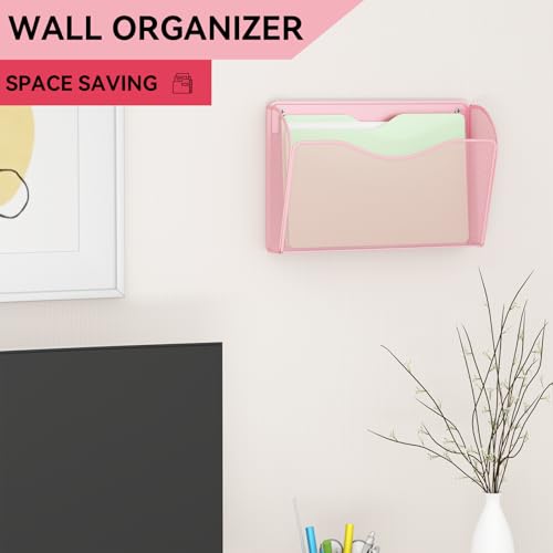 3 Single Pocket Wall File Holder, Mesh Hanging File Folder Paper Organizer, Vertical Wall Mounted Mail Basket, Storage Organization Magazine Rack for Office, Home and School, Pink - color: Pink, size: 3 Pack Wall Mounted