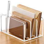 SANRUI Acrylic Mail Organizer, 3 Compartments Clear File Holder for Desk, Letter Sorter with Pen Holder, Countertop Document Sorter for Notebooks, Bills & Eyeshadow Palettes - style: 3 Sections with Pen Holder