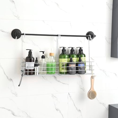 2pcs Single-Layer Hanging Shower Caddy, Rustproof Shelves Rack with Rotatable Hook bar, Large Capacity Bathroom Organizers and Storage, No Drilling Shampoo Bracket - color: Silver, size: 2pc 1-Tier