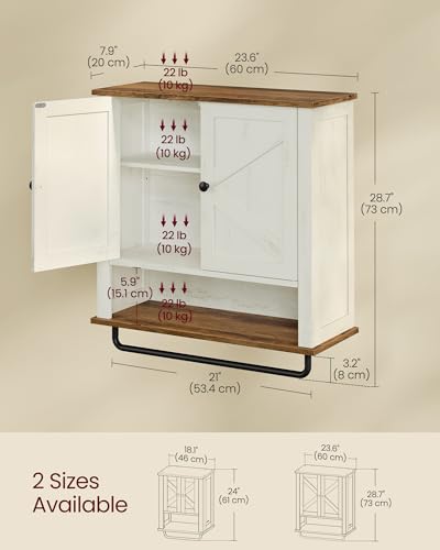 VASAGLE LIRY Collection - Bathroom Wall Cabinet, Farmhouse Wall-Mounted Medicine Storage Cabinet with 2 Barn Doors, Adjustable Shelf, Towel Bar, 7.9 x 23.6 x 28.7 Inches, Rustic White UBBK131W01S - size: 7.9"D x 23.6"W x 28.7"H