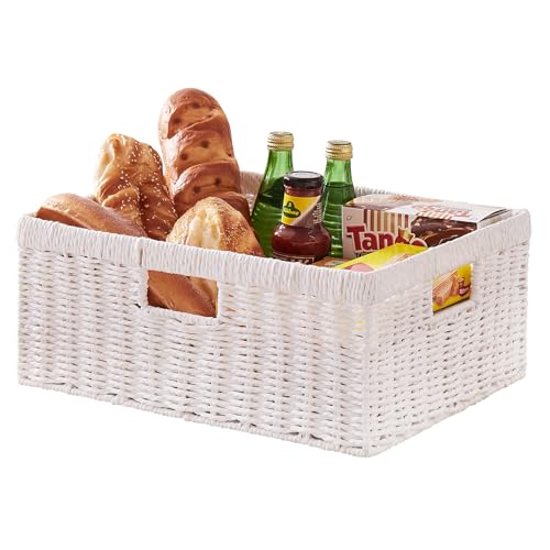 OIAHOMY Wicker Storage Basket, Rectangular Paper Rope Shelf Baskets with Built-in Handles, Woven Decorative Organizer for Pantry, Shelves, Living Room and Bathroom, 1-Pack White - color: White
