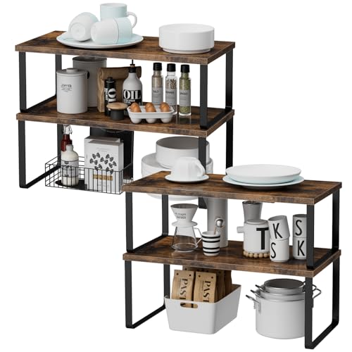 OGEMXU Cabinet Shelf Organizers, 15.7 inches Large Kitchen Counter Shelf, Set of 4 Wood Kitchen Pantry Organizer, Storage Shelves for Countertop, Spice Rack, Stackable, Expandable, Metal Black, Brown - color: Black and Brown, size: 4pcs 7.8" D x 15.7" W x