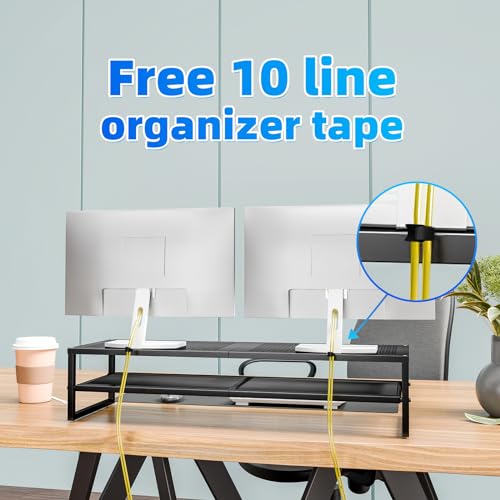 Simple Trending 2 Tier Metal Dual Monitor Stand Riser with 32"x10" Mouse Pad, Computer Desk Organizer for 2 Monitors, Laptop, Printer, TV, Black - color: Black